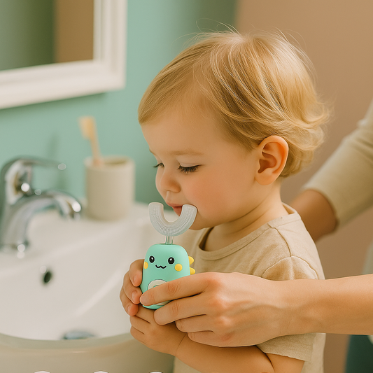 petit enfant avec brosse electrique verte
